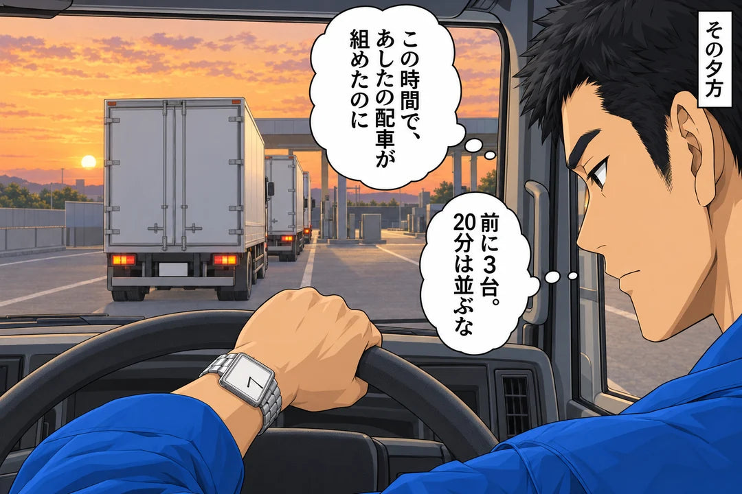 その夕方、トラックの運転席から、給油所の列に並ぶ前の3台を見る。手首の腕時計。心の声「前に3台。20分は並ぶな」「この時間で、あしたの配車が組めたのに」