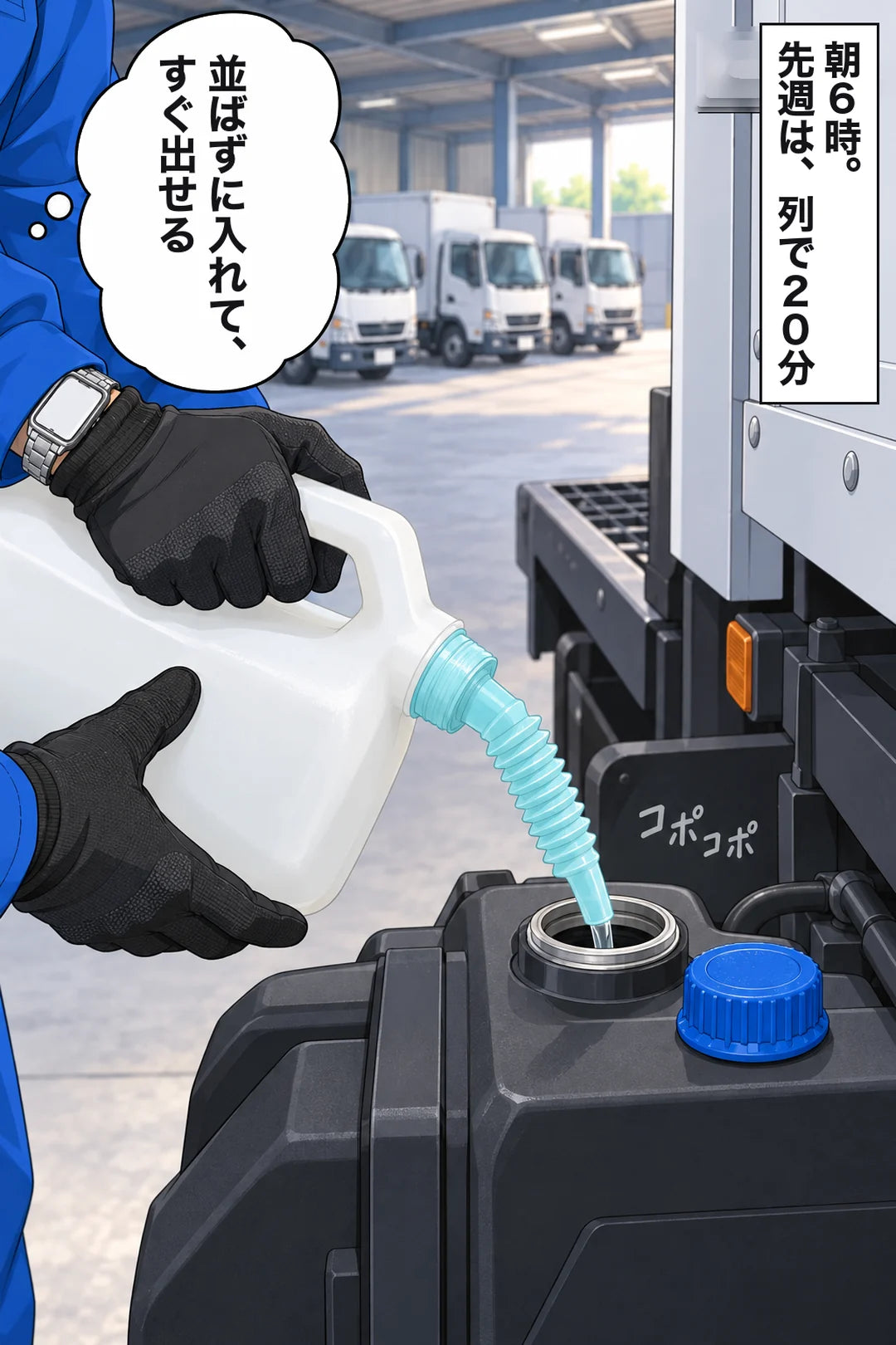 朝6時。先週は、列で20分。黒い手袋の両手が、トラックの車体の横の黒いタンクの、青いキャップを外した口に、水色のノズルで尿素水を入れている。心の声「並ばずに入れて、すぐ出せる」