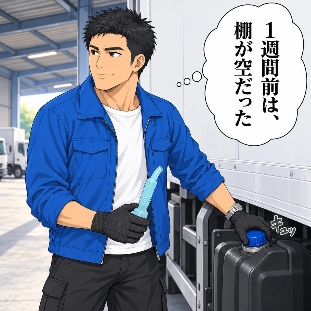 作業ジャンパーの男性が青いキャップを閉めながら、作業場の奥を見る。心の声「1週間前は、棚が空だった」