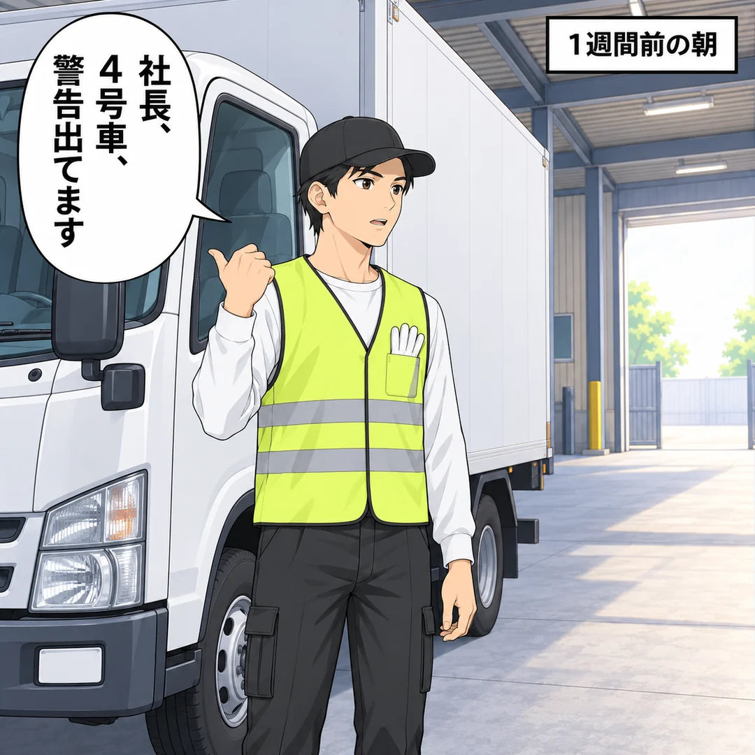 1週間前の朝。反射ベストのドライバーがトラックの運転席の横で報告する。「社長、4号車、警告出てます」