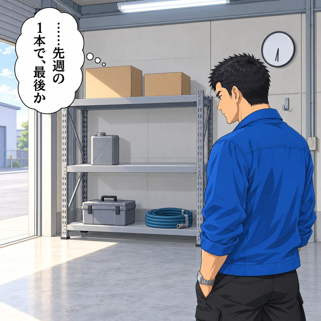 作業場の棚の中段に、灰色の空の缶が1本だけ。社長が見つめる。心の声「……先週の1本で、最後か」