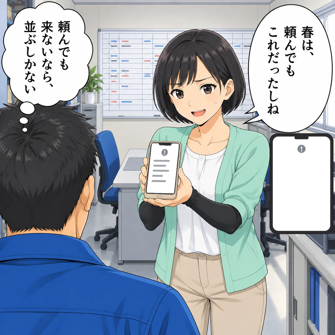 事務所で妻がスマホの画面を見せる。「春は、頼んでもこれだったしね」。画面には「納期未定」の告知（創作の画面）。心の声「頼んでも来ないなら、並ぶしかない」