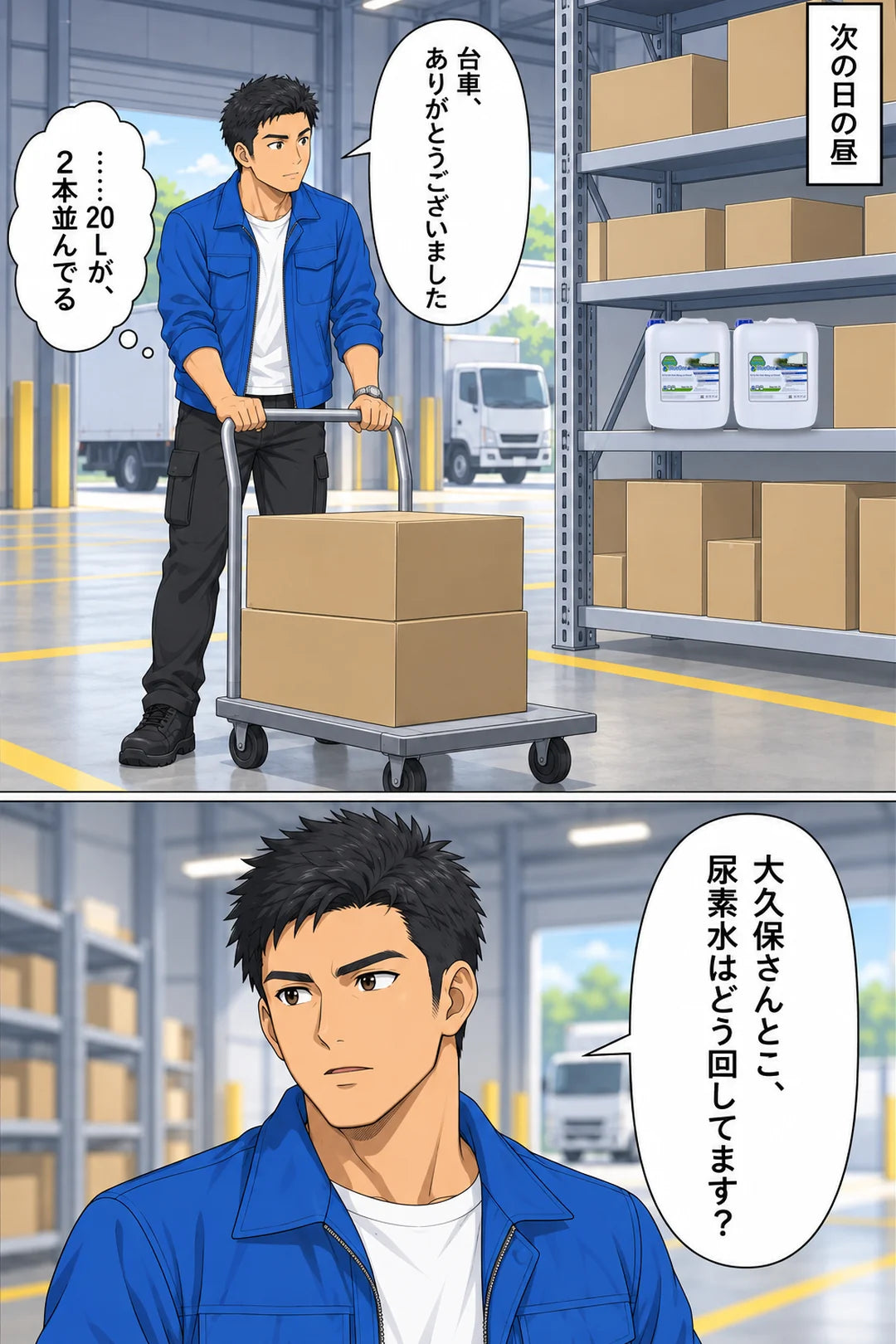 次の日の昼、同業の先輩の作業場。棚に20L缶が2本。社長「台車、ありがとうございました」心の声「……20Lが、2本並んでる」。社長「大久保さんとこ、尿素水はどう回してます？」
