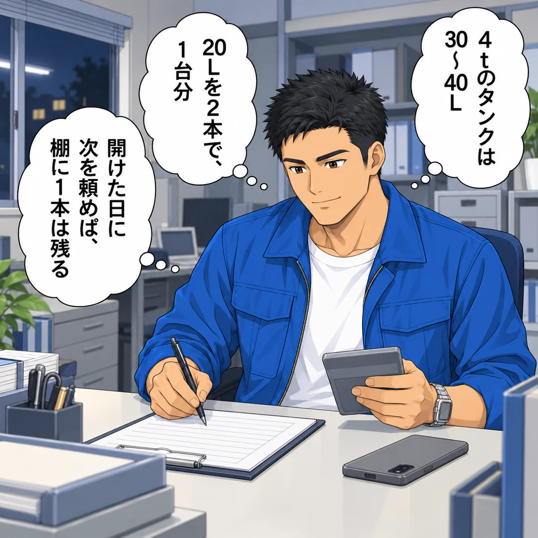 電卓を持つ社長。心の声「4tのタンクは30〜40L」「20Lを2本で、1台分」「開けた日に次を頼めば、棚に1本は残る」