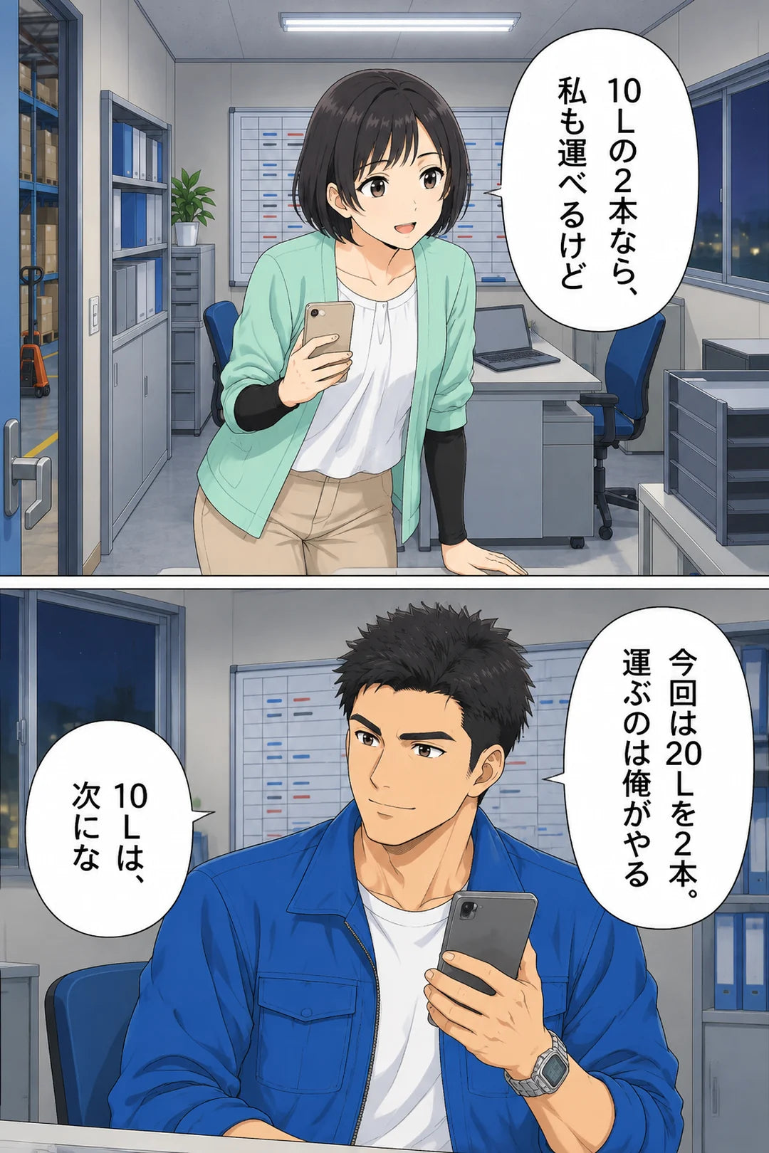 妻「10Lの2本なら、私も運べるけど」。社長「今回は20Lを2本。運ぶのは俺がやる」「10Lは、次にな」