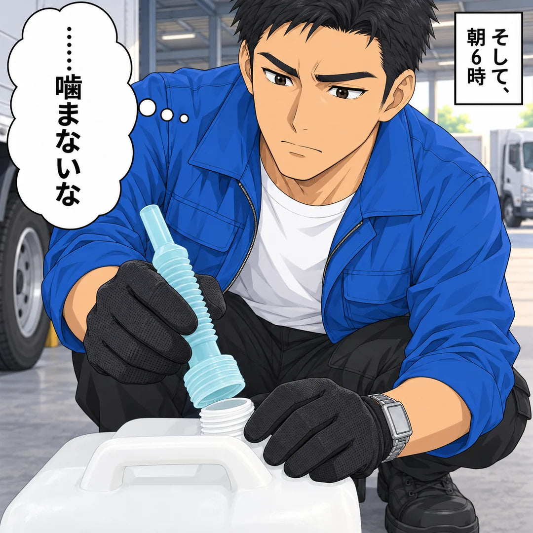 そして朝6時。しゃがんで缶の口にノズルを付けようとする手元。心の声「……噛まないな」