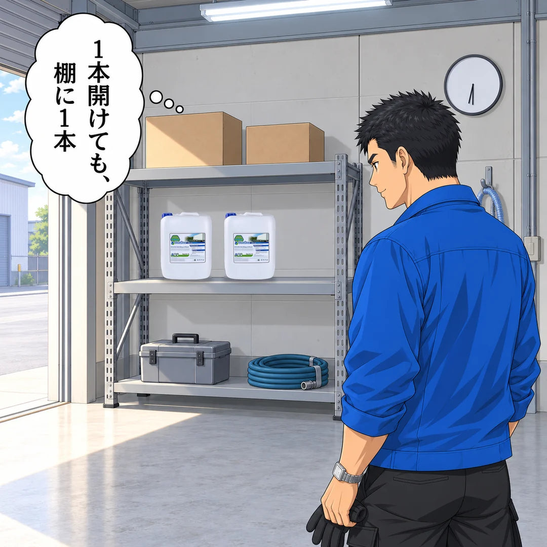 1週間前と同じ棚。中段に20L缶が2本（開けた1本と、未開封の1本）。心の声「1本開けても、棚に1本」