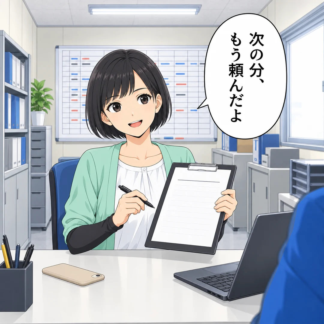 事務所で妻がクリップボードに書き、顔を上げる。「次の分、もう頼んだよ」。メモ「1組開けたら、1組注文（月2回ほど）」