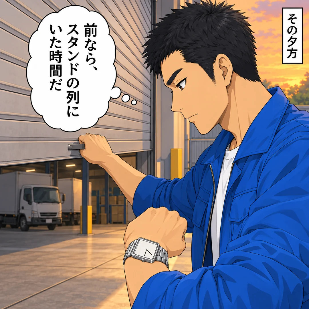 その夕方、シャッターを下ろす社長の手首の腕時計。心の声「前なら、スタンドの列にいた時間だ」