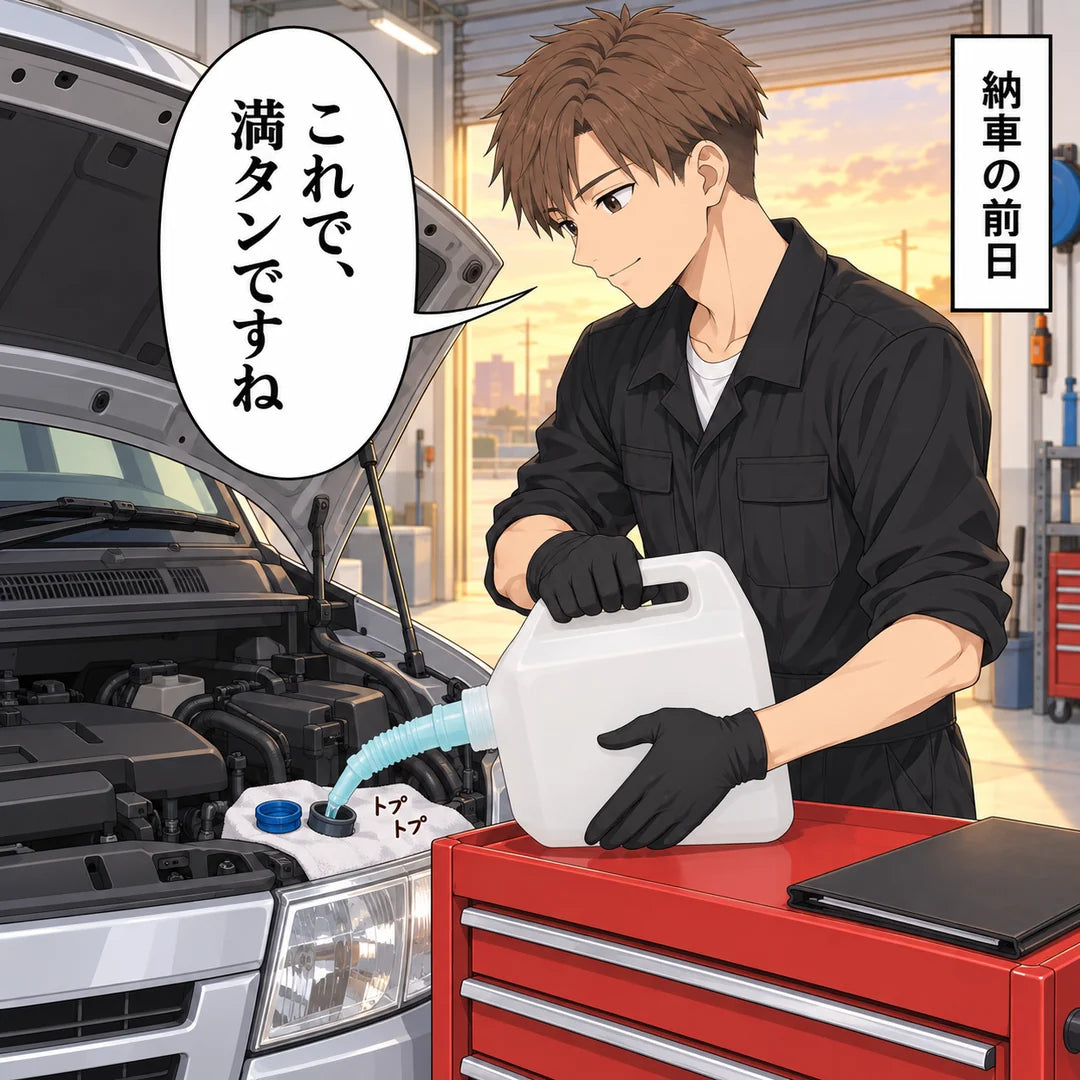 夕方のピット。フードを開けたワンボックスの横で、整備士の翔が工具ワゴンの上の缶を両手で傾け、水色のノズルで、フードの中の青いキャップの注入口へ注いでいる。「納車の前日」「これで、満タンですね」