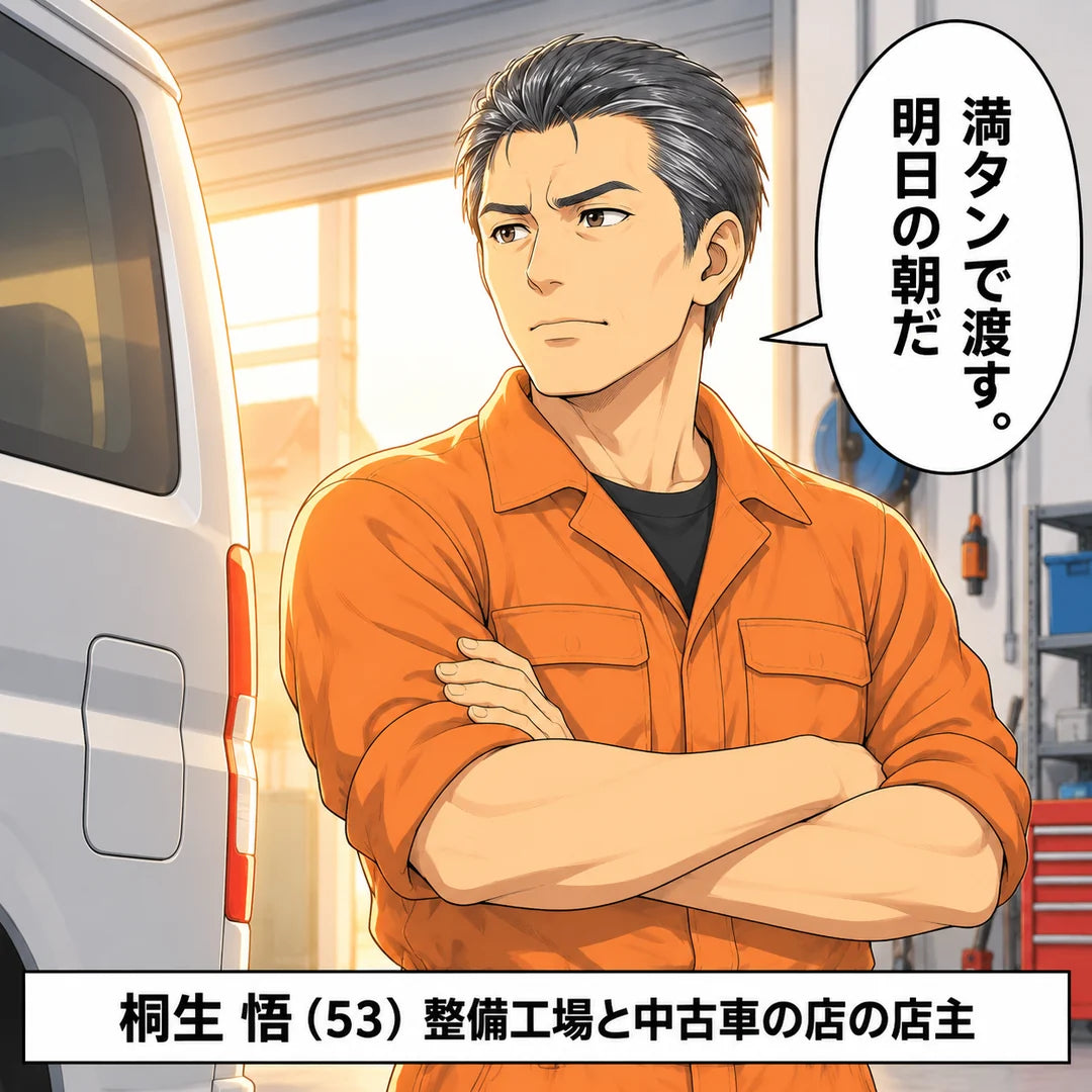 腕を組んで車を見る店主の桐生悟。「満タンで渡す。明日の朝だ」。桐生悟（53）整備工場と中古車の店の店主