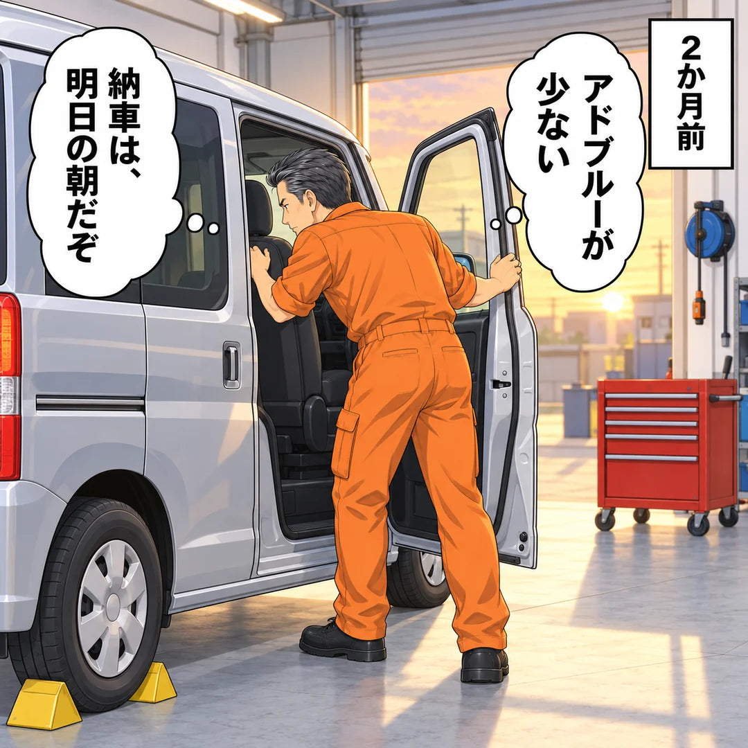 2か月前。店主の悟が運転席のドアから上体を入れて計器盤をのぞき込む。「アドブルーが少ない」「納車は、明日の朝だぞ」