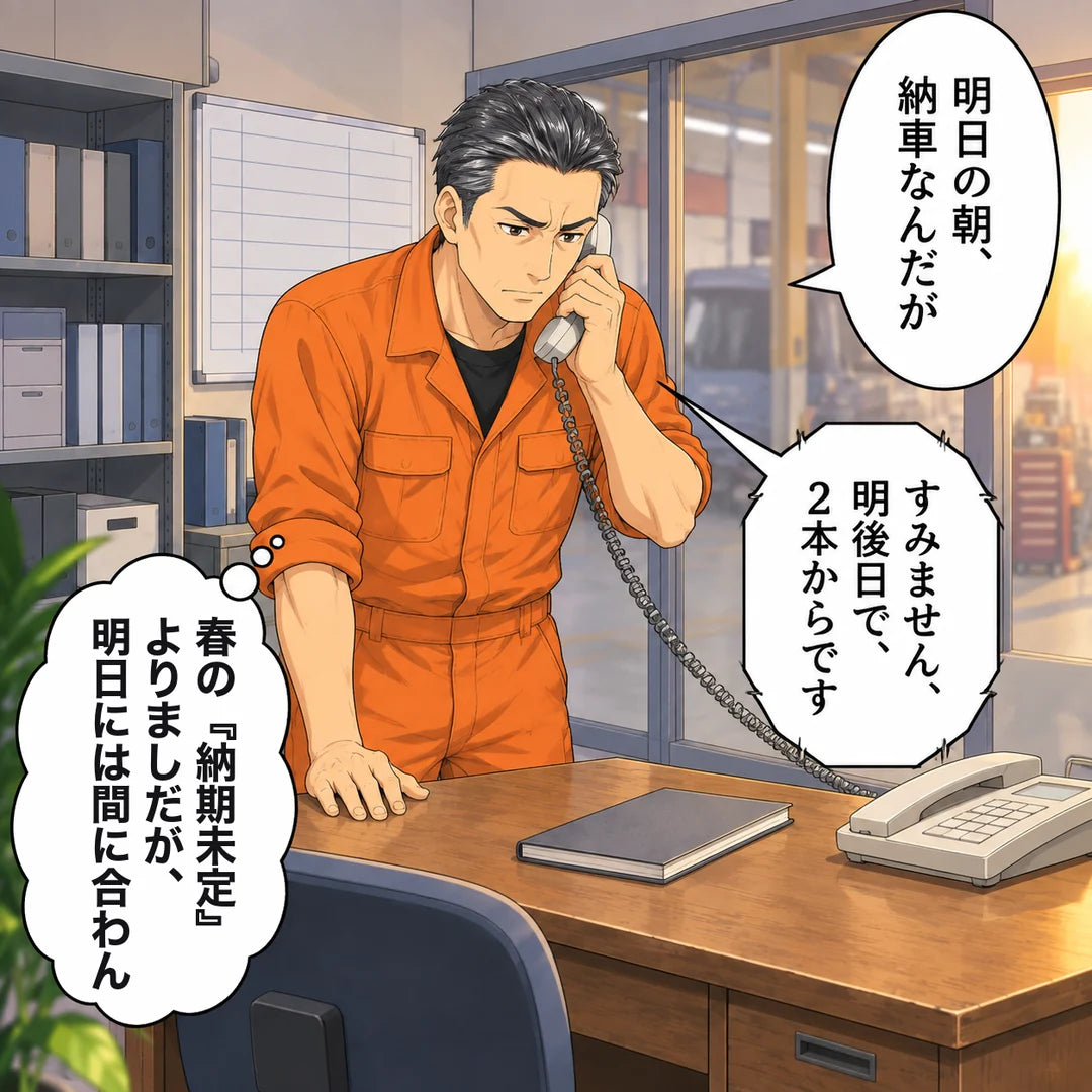 事務所で固定電話をかける悟。「明日の朝、納車なんだが」電話の相手「すみません、明後日で、2本からです」悟の心の声「春の『納期未定』よりましだが、明日には間に合わん」
