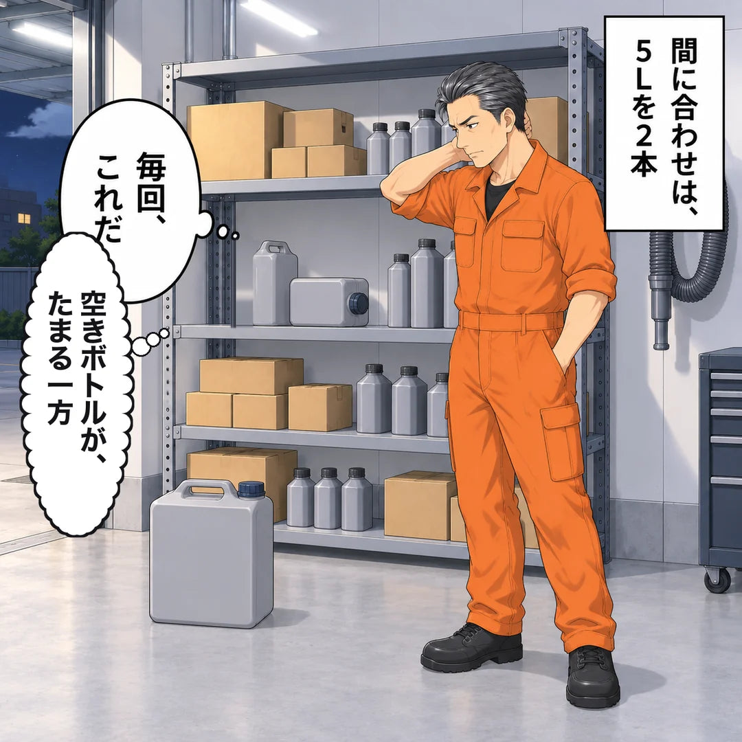夜の棚に、空の5Lボトルが2本転がる。棚を見下ろす悟。「間に合わせは、5Lを2本」「毎回、これだ」「空きボトルが、たまる一方」