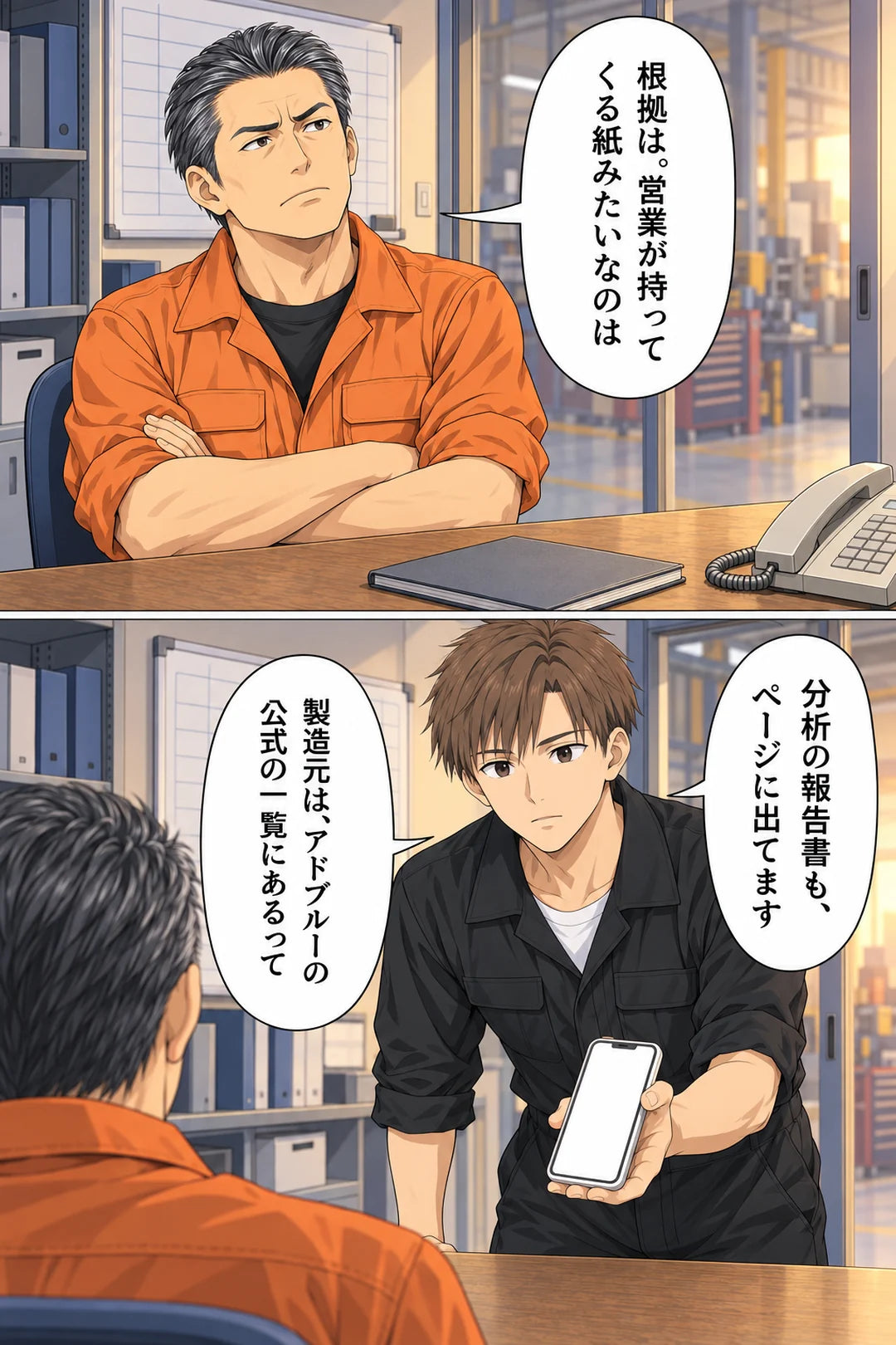 上：腕を組む悟「根拠は。営業が持ってくる紙みたいなのは」下：悟の肩越しに、翔がスマホの画面を向ける「分析の報告書も、ページに出てます」「製造元は、アドブルーの公式の一覧にあるって」