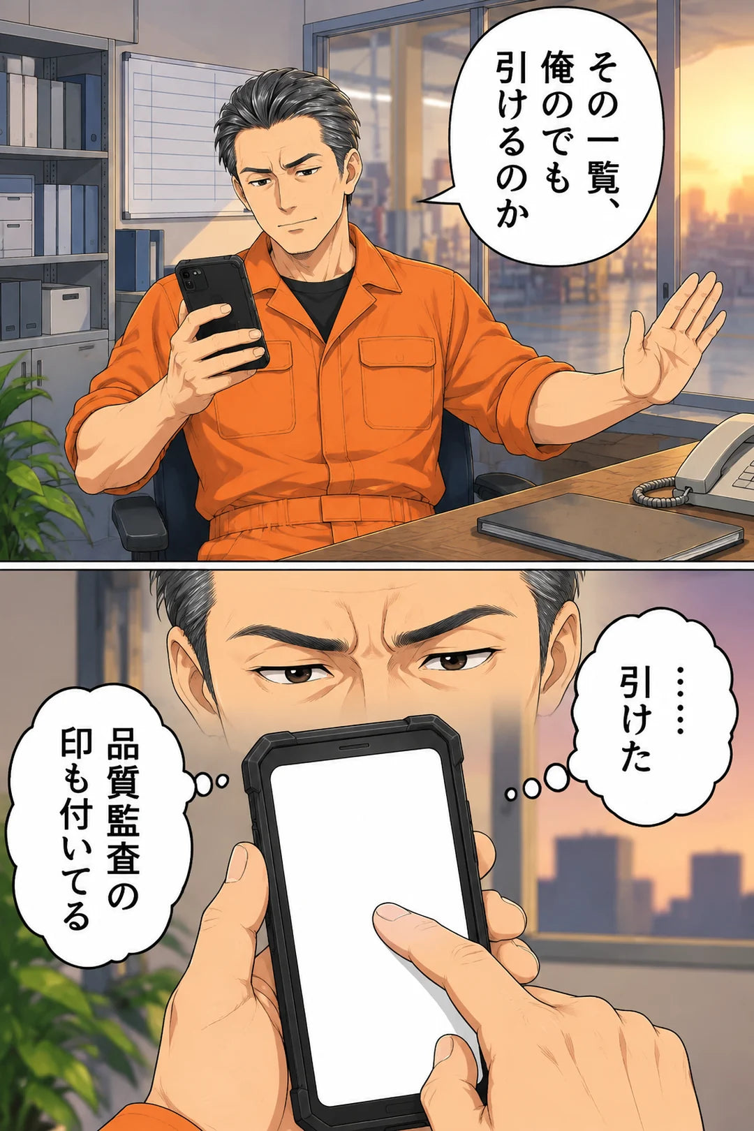 上：半信半疑の顔で自分のスマホを取り出す悟「その一覧、俺のでも引けるのか」下：スマホの画面の1か所で止まる悟の指と、目を細めた目元「……引けた」「品質監査の印も付いてる」