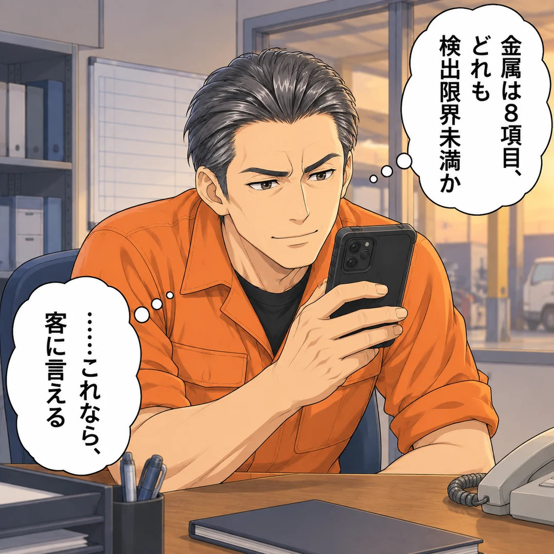 スマホを顔に近づけて読む悟。「金属は8項目、どれも検出限界未満か」「……これなら、客に言える」