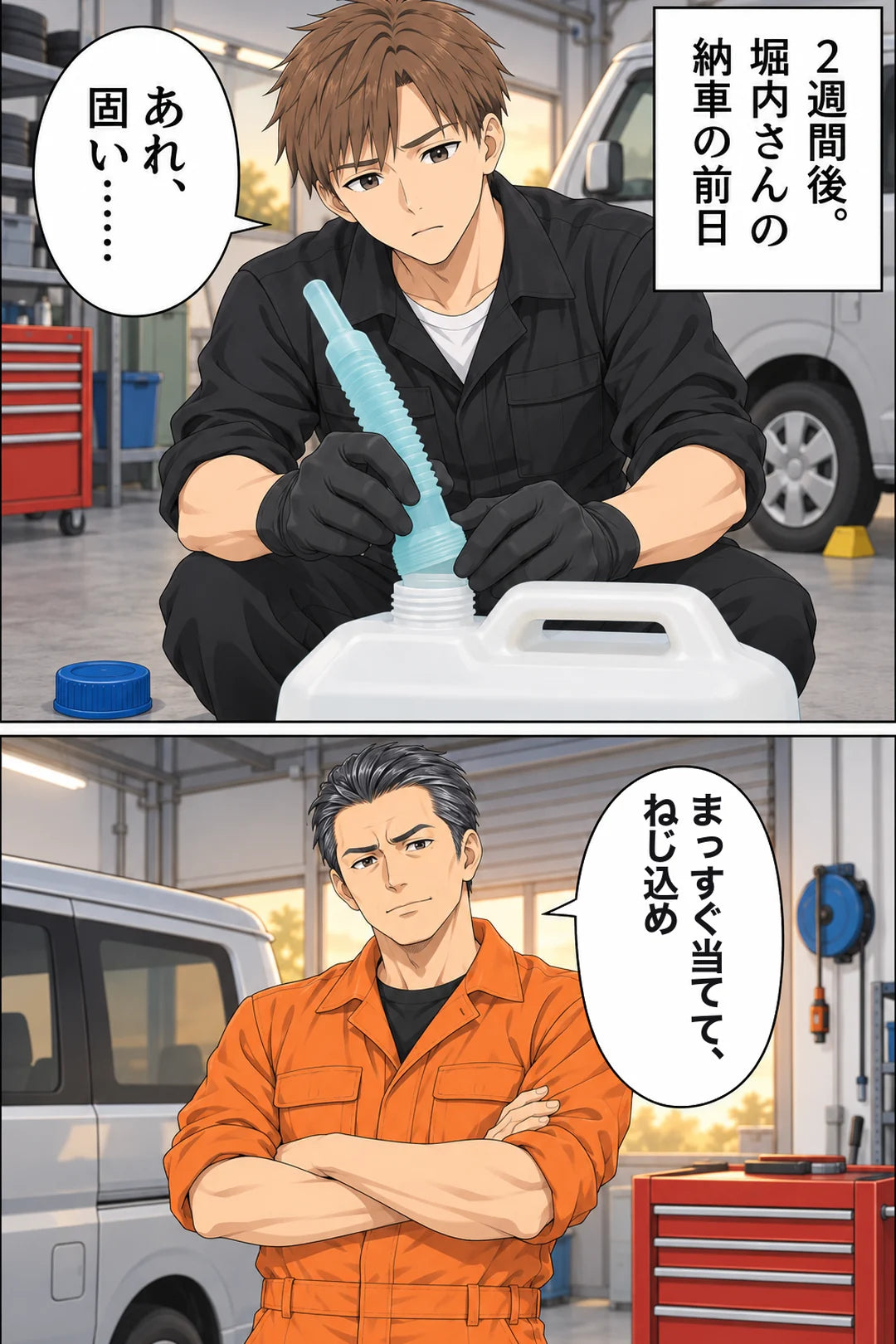 上：2週間後、堀内さんの納車の前日。缶の口にノズルを付けようとして止まる翔「あれ、固い……」下：腕を組んだ悟「まっすぐ当てて、ねじ込め」