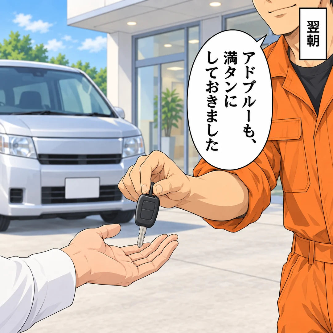 翌朝、店の前。悟の手が客に車の鍵を渡す手元。「アドブルーも、満タンにしておきました」