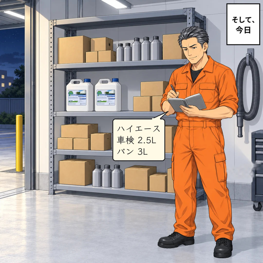 そして今日。棚の中段に20Lの缶が2本。空のボトルはない。横で悟が入庫ノートに書き込む。ノートの注記「ハイエース 車検 2.5L」「バン 3L」