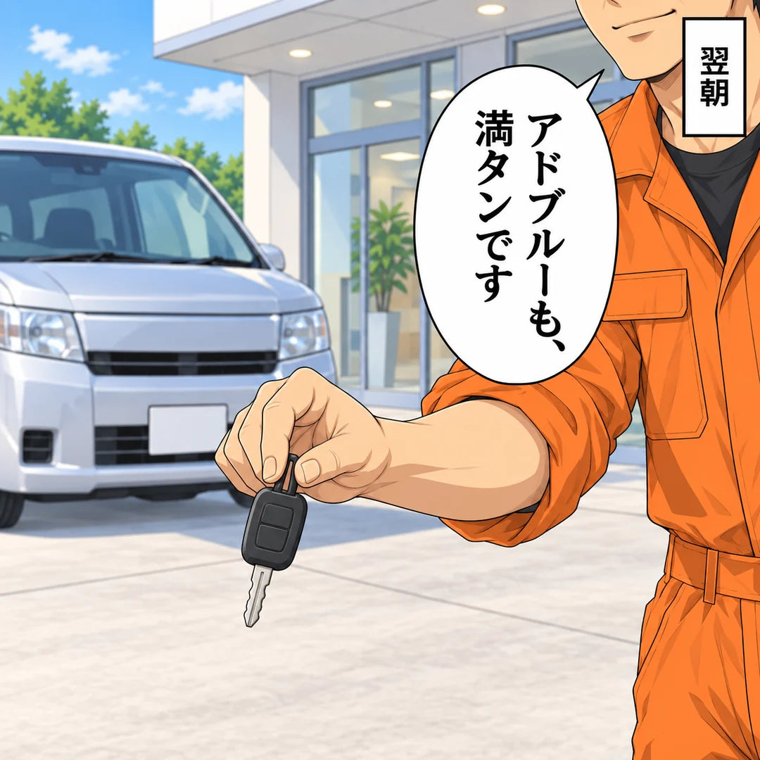 翌朝、店の前。悟の手が車の鍵を、画面の左の外へ差し出す。「アドブルーも、満タンです」