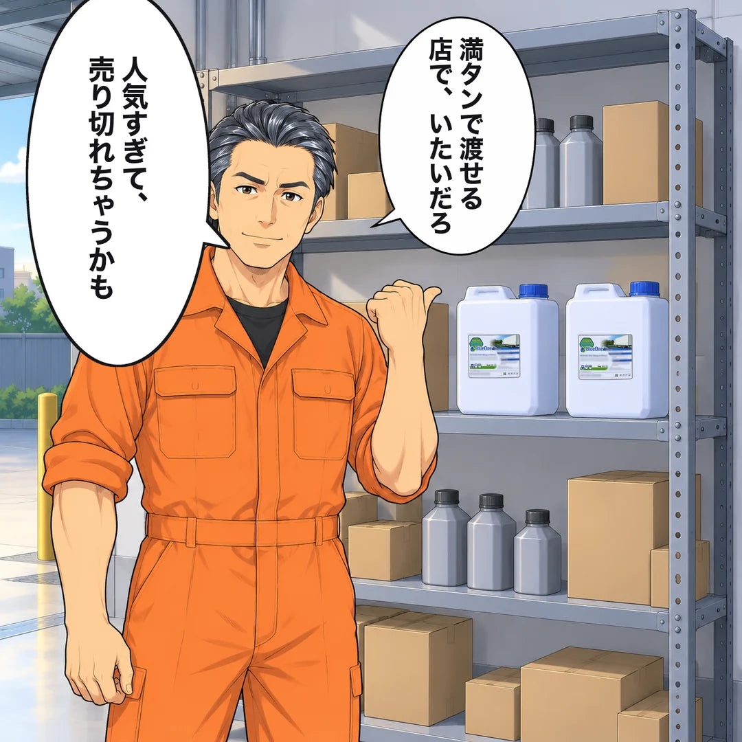 棚の前で読者のほうを向き、左手の親指で左肩越しに後ろの20L缶2本を示す悟。「満タンで渡せる店で、いたいだろ」「人気すぎて、売り切れちゃうかも」